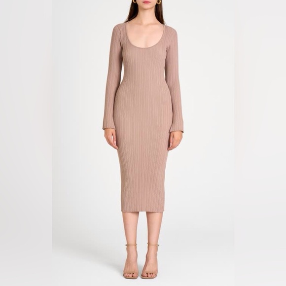WAYF NWT Women’s Alexi Long Sleeve Rib Mauve Elegant Tan Ribbed Dress Size M - Picture 1 of 9